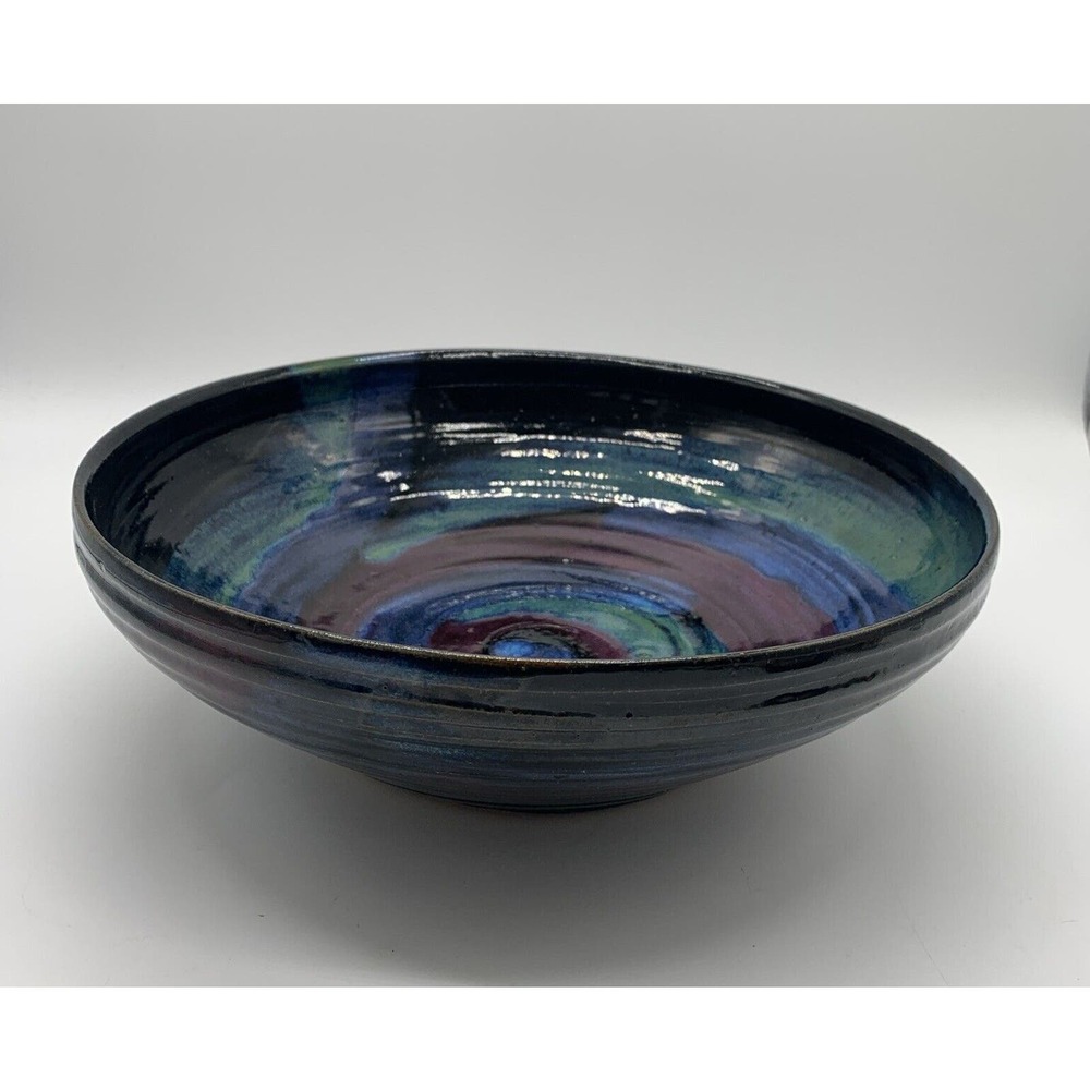 Studio Galaxy Art Pottery 11” Bowl Artist Signed Blue Purple Green